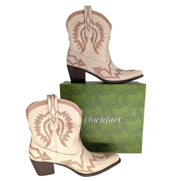 Hochfart Cream Western Ankle Boots Embroidered Leather Size 10 New - Picture 8 of 8